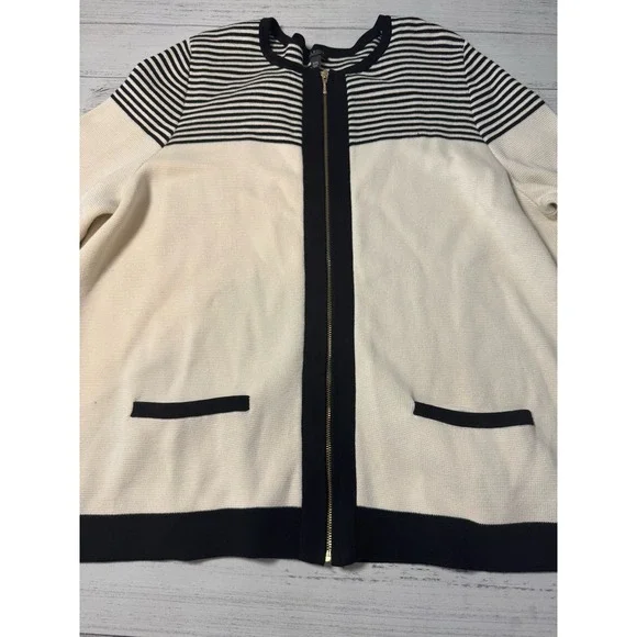 TALBOTS WOMAN Sz 2X Zip Front Cardigan‎ Sweater Black Ivory Preppy Business - Picture 2 of 7